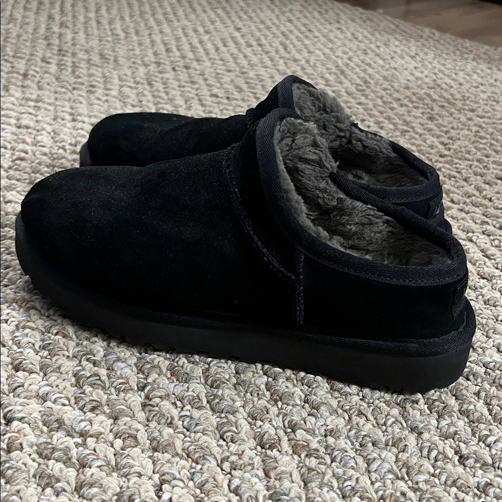 UGG Black Suede Fur-Lined Slippers